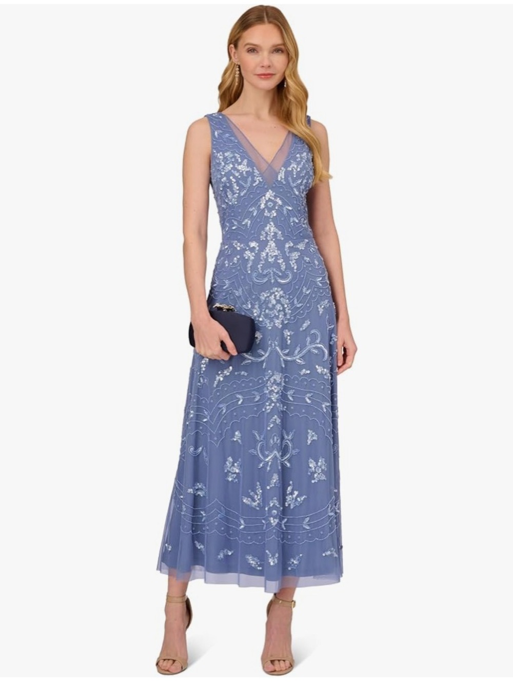 Adrianna Papell Womens Beaded Ankle Length Dress